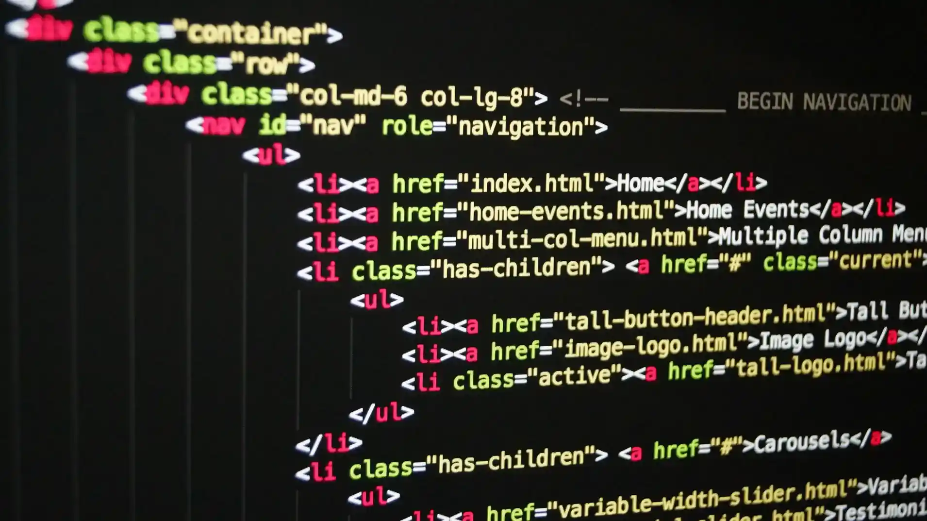 HTML navigation menu code snippet with list items and anchor tags displayed on a black screen.